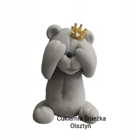 Miś cukrowy z koroną figurka szary urodziny roczek popielaty dekoracja 1szt Miś cukrowy z koroną figurka szary urodziny roczek popielaty dekoracja 1szt