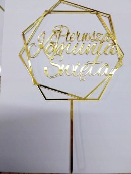 TOPPER PIERWSZA KOMUNIA ŚWIĘTA PLEKSA ZŁOTA LUSTRO BEZ IMIENIA ROMBY