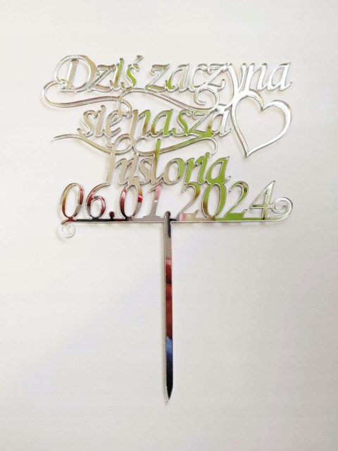 Topper pleksa srebrna lustro ślub wesele nasza historia data Topper pleksa srebrna lustro ślub wesele nasza historia data