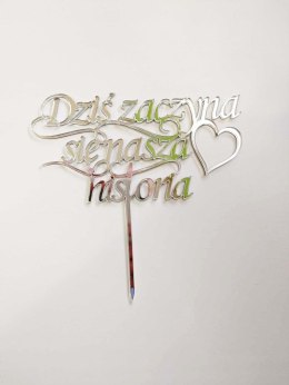 Topper pleksa srebrna lustro ślub wesele nasza historia