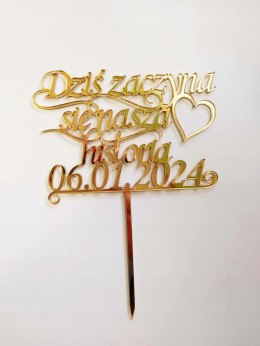Topper pleksa złota lustro ślub wesele nasza historia data