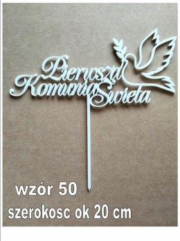 TOPPER biała pleksa komunia święta napis gołąb
